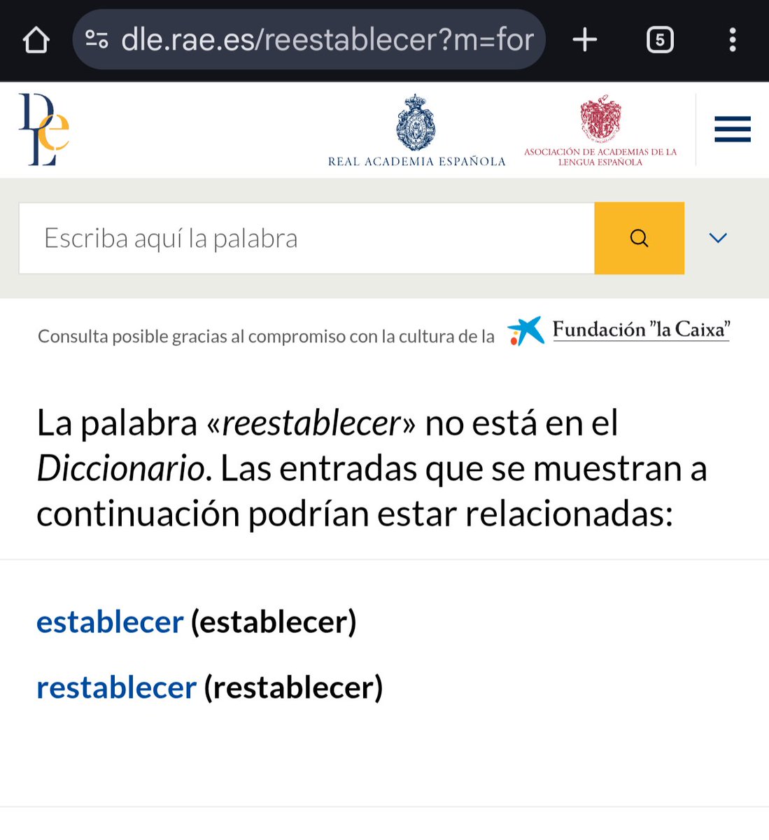 WJ570's tweet photo. Hola, si el término «reestablecer(se)» existe, ¿por qué no está en el diccionario? @RAEinforma #dudaRAE. https://t.co/7jmLuEsHRN