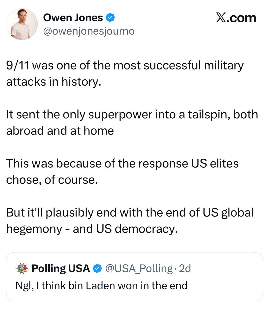 leekern13's tweet image. We can summon intellectual arguments but the highest truth is that Owen Jones is an evil, nasty, wicked c***

To call 9/11 a “military attack” - when it was the terrorist mass murder of civilians in their place of work - is just one example of how this premier league twat…