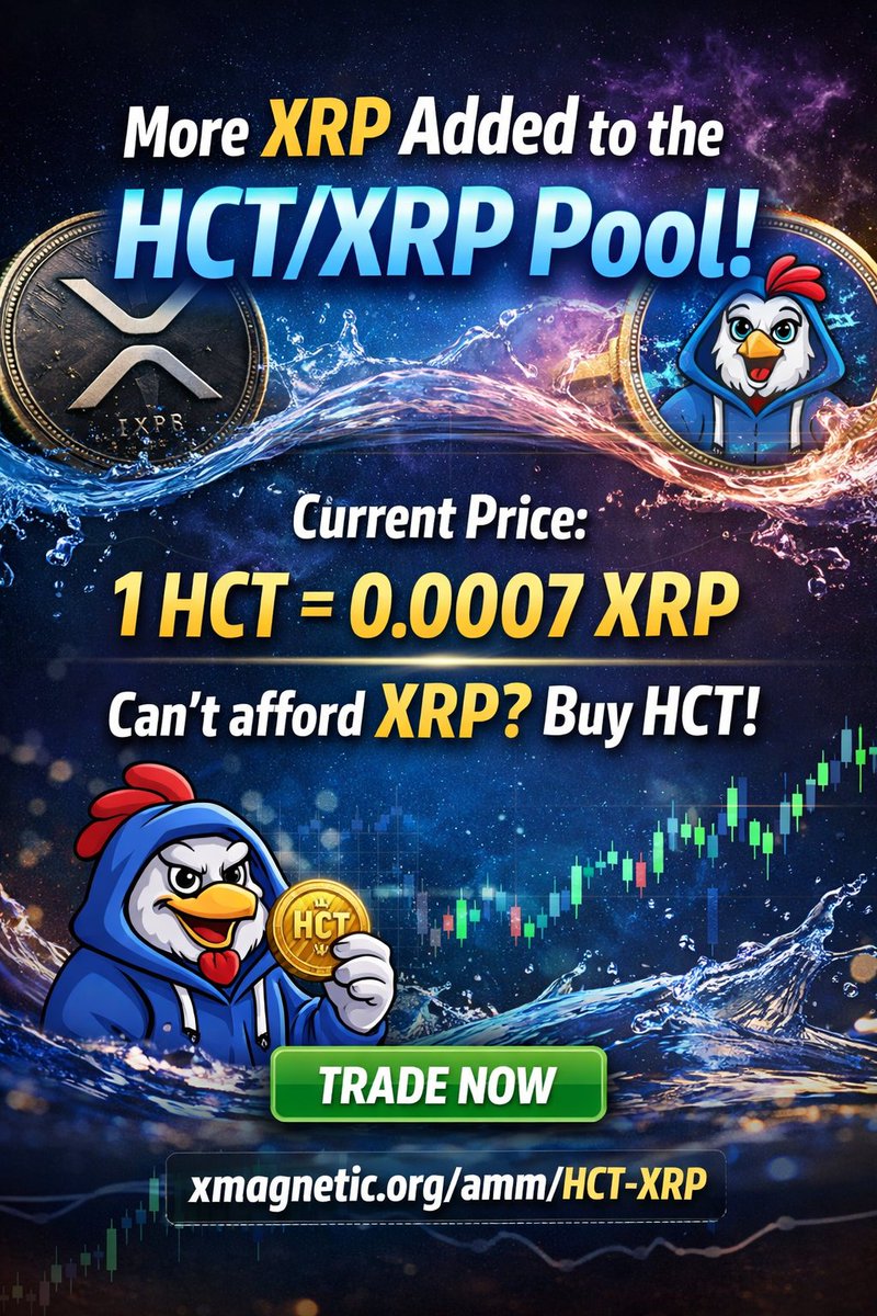 We’ve added more XRP liquidity to the Hoodie Chicken 
Current price: 1 HCT = 0.0007 XRP
xmagnetic.org/amm/HCT+rNctiw…
For newcomers who find XRP expensive, HCT remains an affordable way to participate in the XRPL ecosystem while our project continues to grow.
Trade HCT on the XRPL DEX: