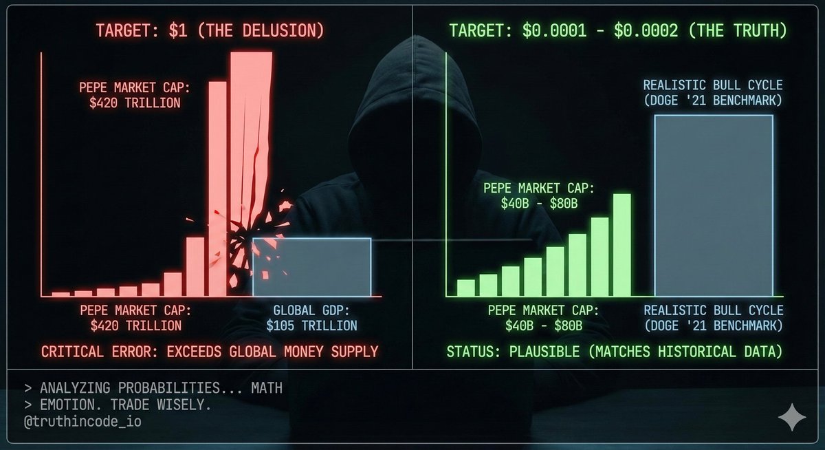 truthincode_io's tweet photo. Code execution: Analysis on $PEPE price targets.

> target: $1.00
> result: ERROR (Exceeds Global Money Supply) ❌

> target: $0.0001 - $0.0002
> result: PLAUSIBLE (Matches historical $DOGE cycle) ✅

Trade probabilities, not impossibilities. 🐸💻

#TruthinCode https://t.co/IHlUcRitZX