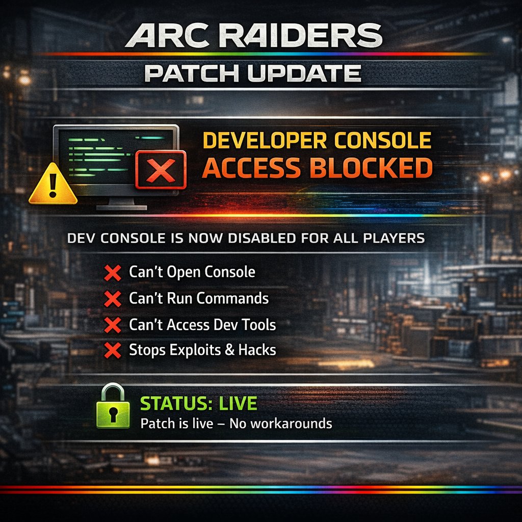ArcStatusLive's tweet image. 🚨 Arc Raiders Update

The latest patch blocks developer console access entirely.

✔️ Improves security
❌ No console to disable smoke/see in dark.
🟢 Change is live
More updates soon. 

#arcraiders #ArcRaiders募集 
@ArcStatusLive
