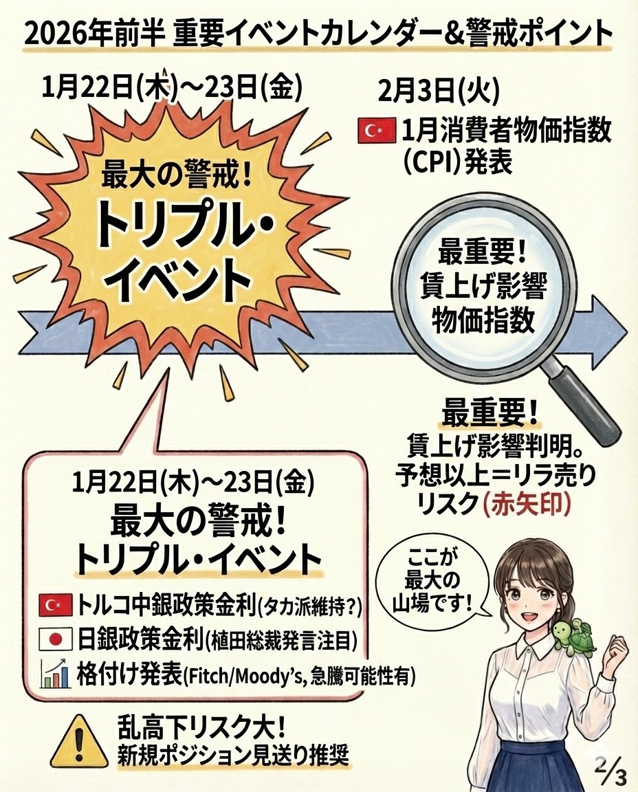 保存版】2026年前半の「投資カレンダー」作りました📅 特に警戒すべきは、1月22日〜23日の「トリプルイベント」です🍀  ・いつ攻めるか？（青信号） ・いつ守るか？（赤信号） 「判断基準」と「日程」をまとめました！ 再来週慌てないように、保存推奨です🐢👇 #FX  #トルコリラ
