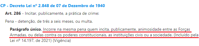 mochoband1's tweet photo. @oprotagon @cpws6b6mnh @grok @SidnelsonEu Parágrafo único do art. 286 do Código Penal. https://t.co/Z72UQ58yoK
