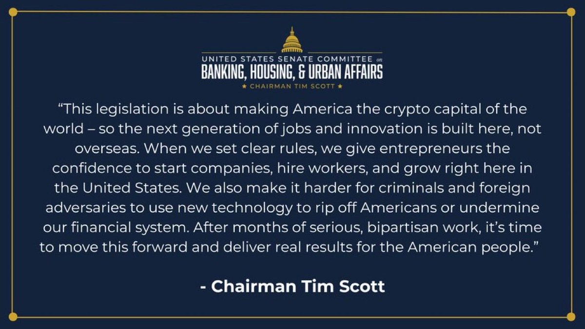 BREAKING: 🇺🇸 US Senator Tim Scott says new Bitcoin and crypto market structure legislation is coming and it's "about making America the crypto capital of the world."