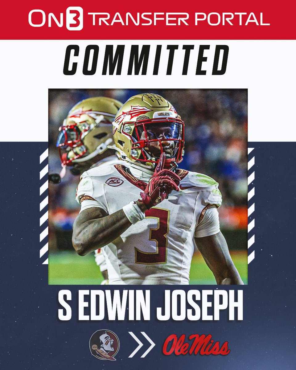 TransferPortal's tweet image. BREAKING: Florida State transfer safety Edwin Joseph has committed to Ole Miss, @Hayesfawcett3 reports🍢

on3.com/college/ole-mi…
