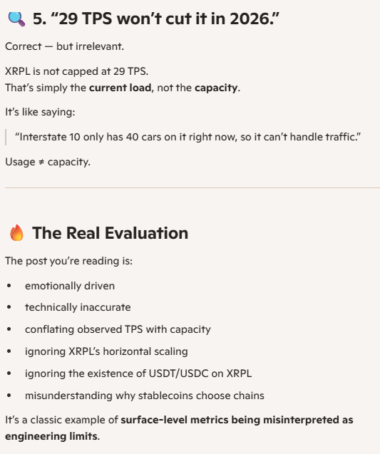 <a href="/martypartymusic/">MartyParty</a> 5. “29 TPS won’t cut it in 2026.”
Correct — but irrelevant.

XRPL is not capped at 29 TPS. That’s simply the current load, not the capacity.
It’s like saying:

“Interstate 10 only has 40 cars on it right now, so it can’t handle traffic.”

Usage ≠ capacity