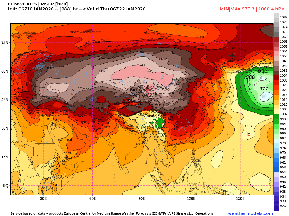 RyanWeather's tweet photo. Extreme weather with geopolitical impacts

Need to keep eye on the extreme intensity of the Siberian high pressure system focusing a historic cold "polar vortex" extension into Afghanistan, Iran, and Pakistan in the 8-10 day time frame. 

Pattern favors brutal cold &amp; snow https://t.co/vp3erTtCyT