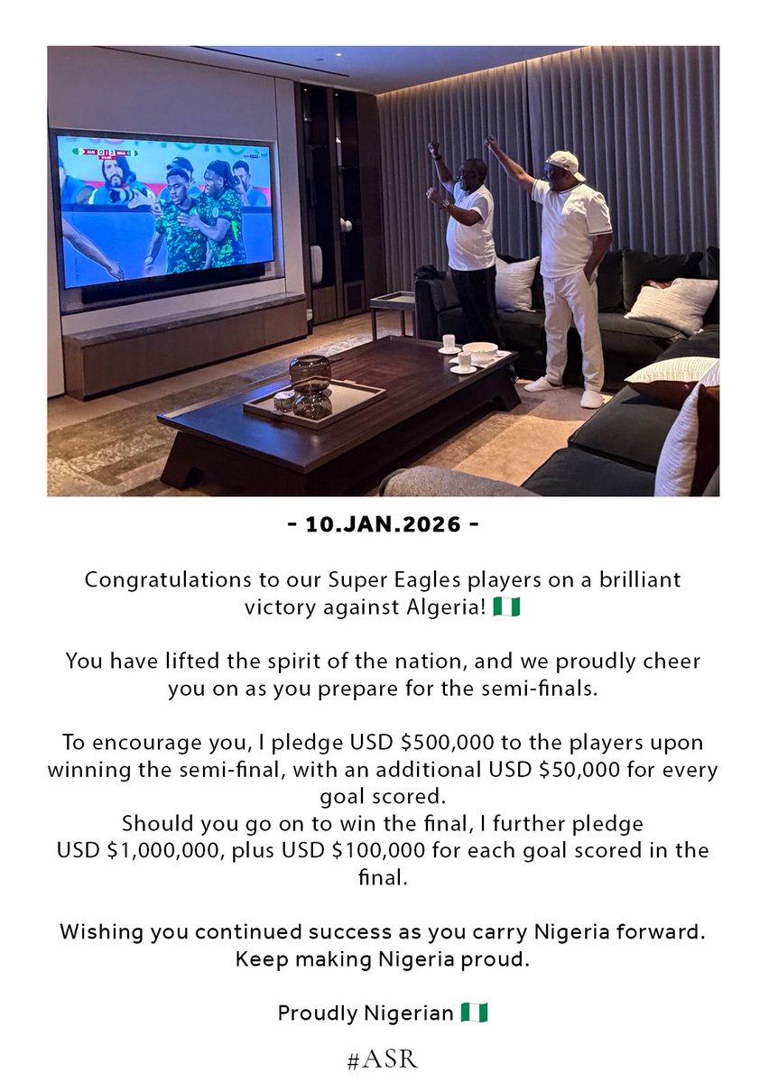 - 10.JAN.2026 - 

Congratulations to our Super Eagles players on a brilliant victory against Alge...