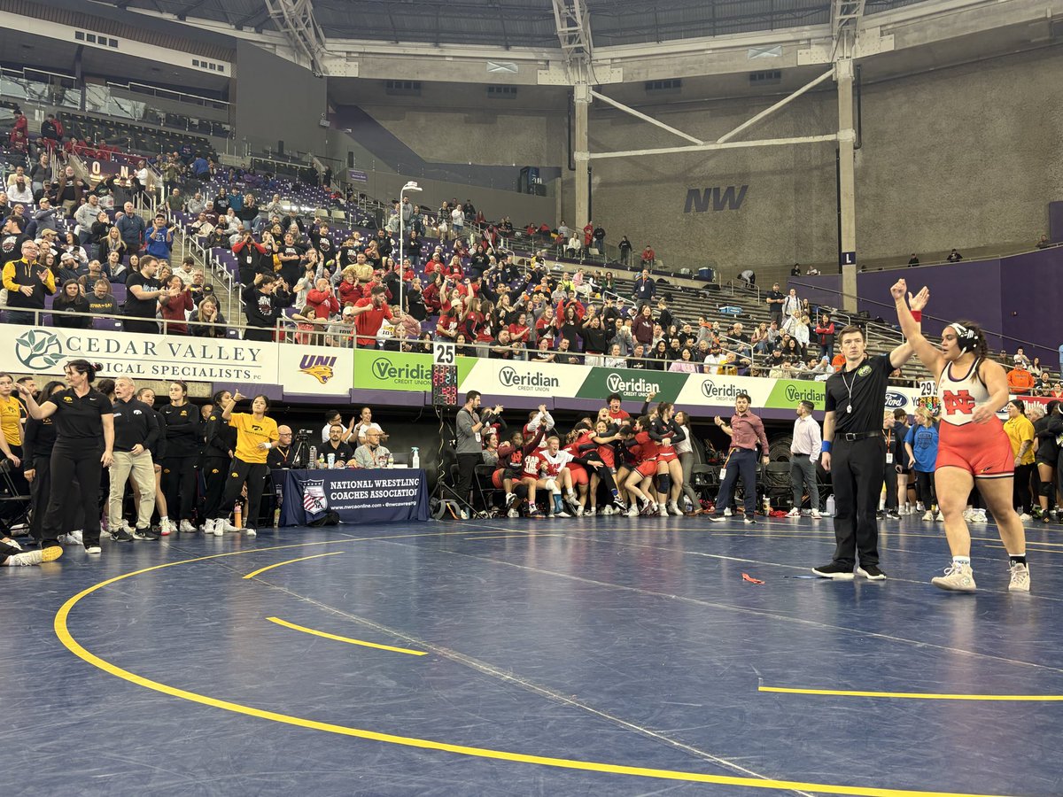 TannerLafever's tweet image. A stunner in Cedar Falls - as #1 Iowa falls to #4 seed North Central in the National Duals semifinals.

Up 3 entering the final bout, Jaycee Foeller was thrown &amp;amp; pinned by Dasia Yearby - giving the Cardinals a dramatic 23-21 win.

Jan. 10, 2026 - the 1st loss in program history.