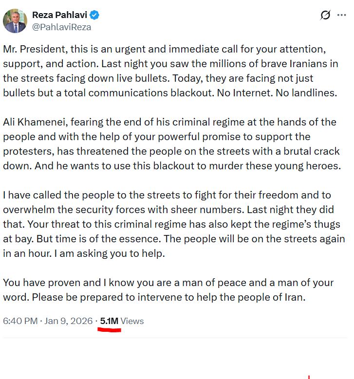 true_dispatch's tweet image. Reza Pahlavi’s post hit 5.1 million views while Iran is under a nationwide internet shutdown, with connectivity down to about 1%.
So when it supposedly “went viral” roughly 99% of people inside Iran were offline — meaning most of those views clearly came from outside the country.