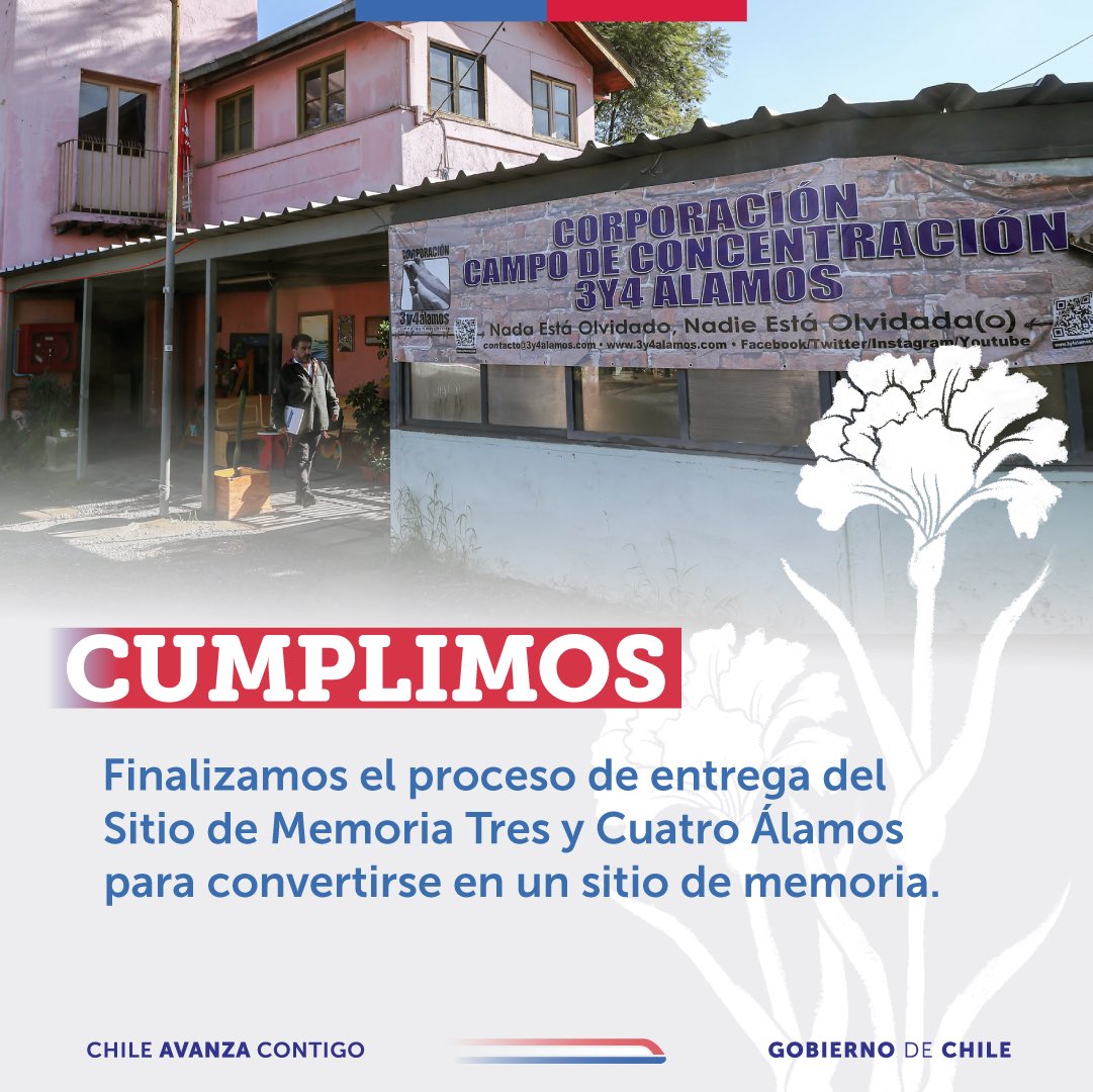 GobiernodeChile's tweet image. 🌹 Hoy entregamos a la Corporación 3 y 4 Álamos el Permiso de Ocupación de las Etapas 3 y 4 del Sitio de Memoria Tres y Cuatro Álamos, completando el compromiso asumido como Gobierno.