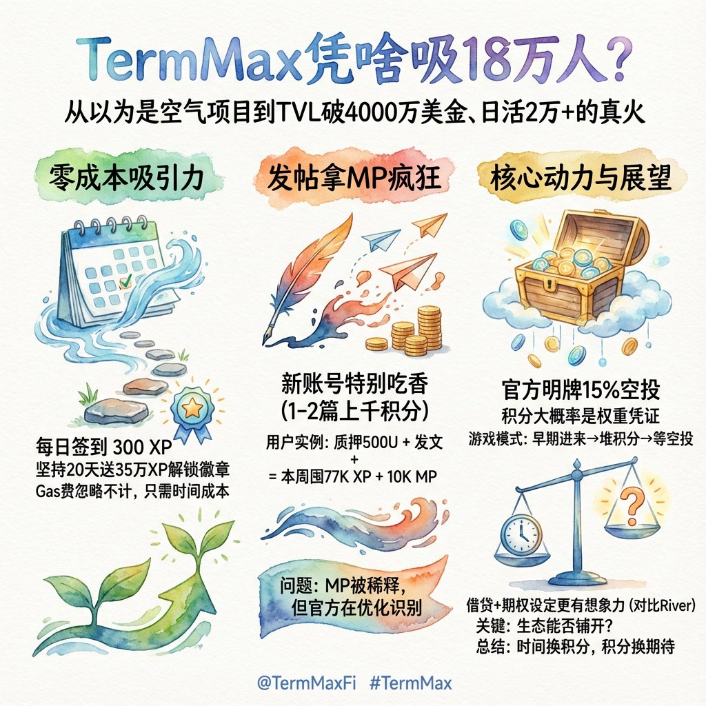 TermMax凭啥吸18万人？ 刷X的时候发现身边人都在发TermMax，起初以为又是什么空气项目，直到看到TVL破4000万美金、日活2万+才反应过来——这玩意儿真的火了。  零成本这事儿吸引力太大