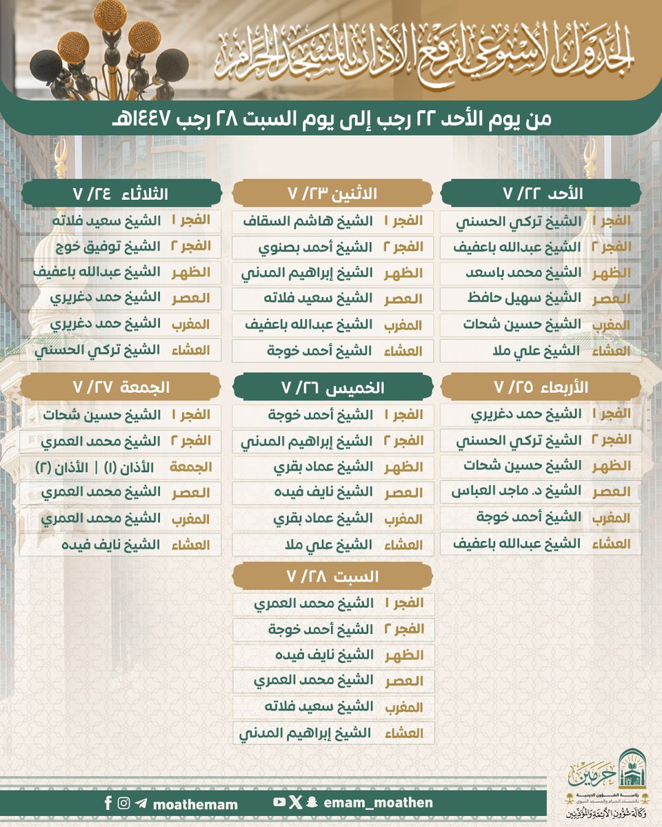 Emam_moathen's tweet image. جدول المؤذنين الأسبوعي بالمسجد الحرام من يوم الأحد ٢٢ رجب إلى يوم السبت ٢٨ رجب ١٤٤٧هـ.
    
#إدارة_شؤون_المؤذنين 
#وكالة_شؤون_الأئمةوالمؤذنين