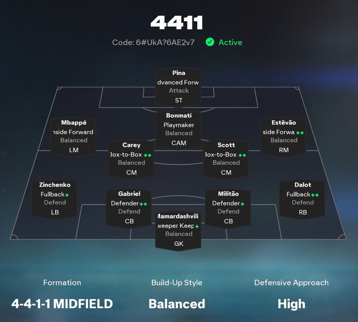 🚨| تبغى تكتيك قوي بعد التحديث ؟

— افضل خطة بأتفاق اغلب المحترفين بعد التحديث 1-1-4-4 ✅

- من أفضل التكتيكات الي جربتها ولعبت فيه أقيام كثيرة حرفيا تكتيك متوازن بين الدفاع والهجوم والانتشار في المساحات شي ثاني🔥

كود التكتيك : 6#UkA?6AE2v7

• جربوا التكتيك وازهلوني🫡✅