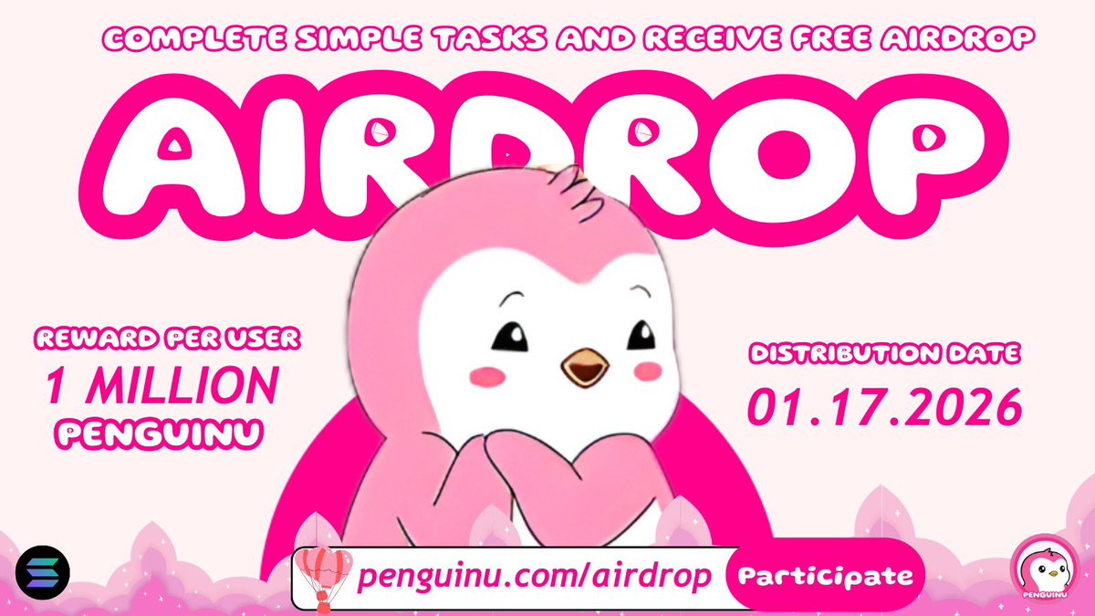 penguinucom's tweet image. PENGUINU AIRDROP 🪂 IS LIVE! 🐧💗

Complete simple tasks → get rewarded.
It’s that easy. No fluff. No tricks. Just CUTE VIBES.

🎀 Reward: 1 Million PENGUINU per user
📅 Distribution: 17 Jan 2026
💗 Participate: penguinu.com/airdrop

Let the waddling begin 🐧❄️💞

#airdrop