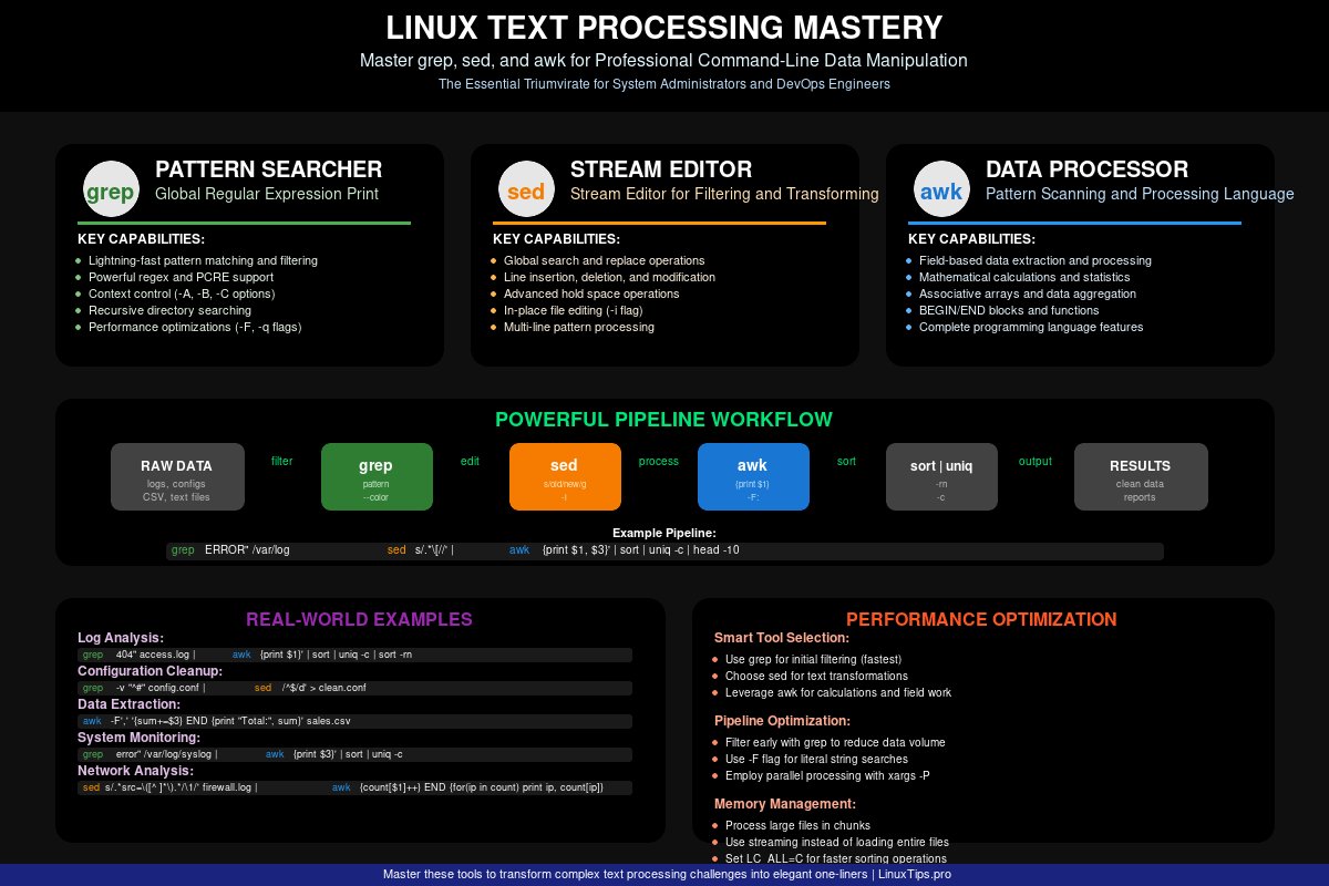 LinuxtipsPro's tweet photo. 🔥 Master the Linux text processing trinity!
grep → Find anything sed → Transform everything
awk → Process like a pro
From basic patterns to advanced pipelines: ✓ PCRE regex mastery ✓ sed hold space magic ✓ awk programming
FREE guide: https://t.co/9msVVgKk4j
#Linux #DevOps https://t.co/S6frALMaoQ