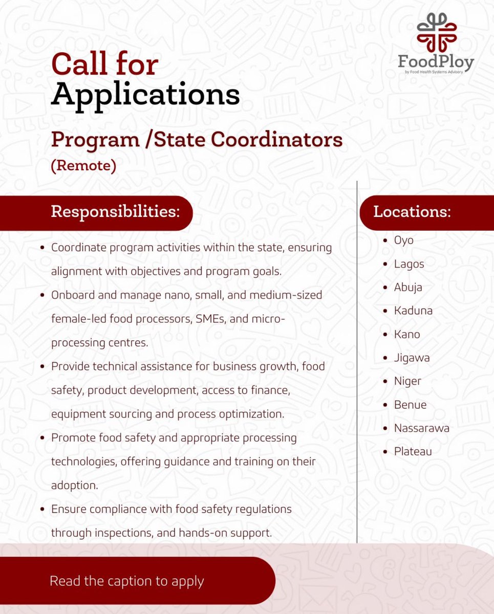 Job Alert 🔔

Foodploy is hiring Program Coordinators and Food Technologists across multiple states in Nigeria.

These roles support:
- Food safety initiatives
- Product development
- Growth of food SMEs

Application Deadline: January 20

Apply Here: fhsafrica.zohorecruit.com/jobs/Careers/7…