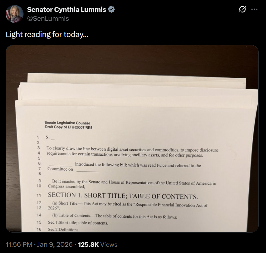 美国参议员Lummis阅读《负责任金融创新法案》，旨在规范特定交易披露