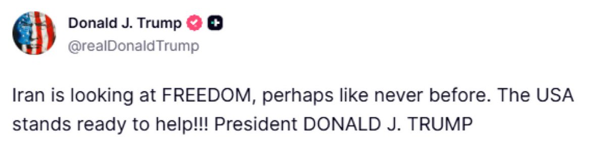 🇺🇸🇮🇷 | URGENTE - PROTESTAS EN IRÁN: Trump: "Irán busca la LIBERTAD, quizás como nunca antes. ¡Estados Unidos está listo para ayudar!"