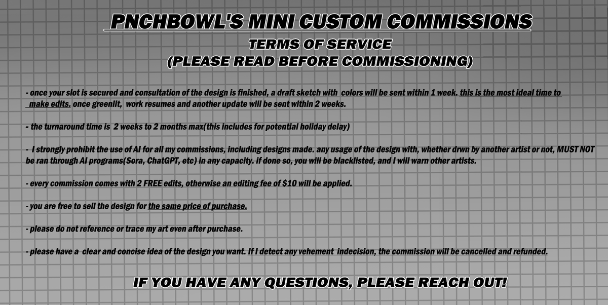 pnchbowl's tweet image. CUSTOMS ARE BACK OPEN! 8 slots! and if you have preexisting characters those are applicable too for a ref! just please be sure to follow the prompts here. message me here, bluesky, or TH to submit your application for a custom, and ill send out messages to those ive accepted.