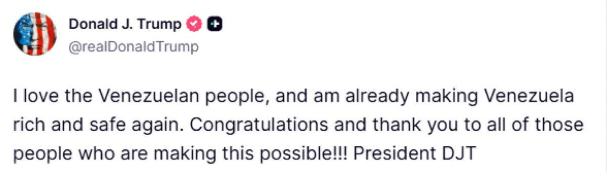 🇺🇸🇻🇪 | AHORA: Trump: "Amo al pueblo venezolano y ya estoy haciendo que Venezuela vuelva a ser rica y segura.

¡¡¡Felicitaciones y gracias a todas aquellas personas que estáis haciendo esto posible!!!"