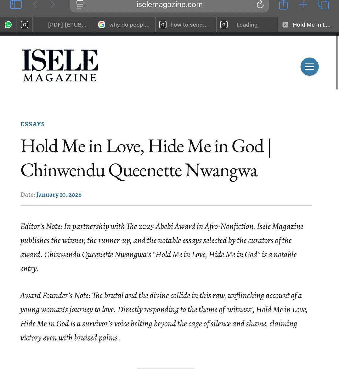 msnwangwa's tweet image. Starting the year with a win.

My essay “Hold Me in Love, Hide Me in God” is part of the winning cohort of the 2025 Abebi Award in Afro-Nonfiction as a Notable Entry. The essay is published in Isele Magazine and you can read the essay here: iselemagazine.com/2026/01/10/hol…

Also, I have…