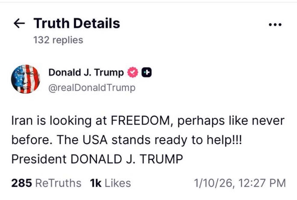 agusantonetti's tweet image. 🇺🇸🇮🇷 | URGENTE — Comunicado del presidente Donald Trump sobre Irán:

“Irán busca la LIBERTAD, quizás como nunca antes. ¡Estados Unidos está listo para ayudar! Presidente Donald J. Trump”.

ESTO ES GRANDE.