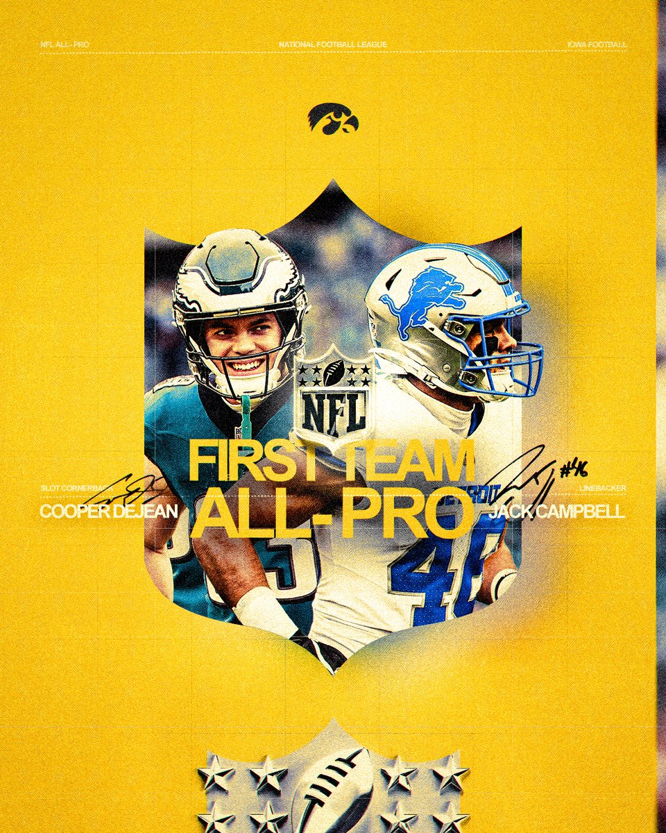 From Iowa City to the NFL’s best.

First Team All-Pro ⬇️
<a href="/jackcampbell133/">jack campbell</a> - Linebacker
<a href="/cooperdejean/">Cooper DeJean</a> - Slot Cornerback