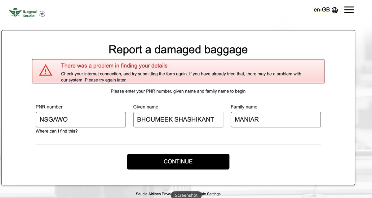Bhoumeek's tweet photo. @Saudi_Airlines 
Hello team.
I arrived to London Heathrow from Riyadh on 5th and since that day I am try to report 2 damaged baggage’s but your website is showing the following error message this message is till today. How do I claim for damaged baggage’s ?? https://t.co/5GJv2xyrTR