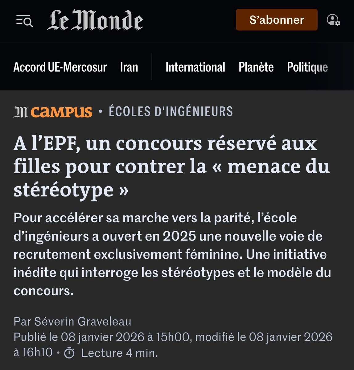 Ces gens pensent que les filles sont si NULLES en ingénierie qu'il leur faut un concours d'entrée dédié, sans la concurrence des garçons. 

Le niveau de misogynie qu'il faut pour en arriver là...