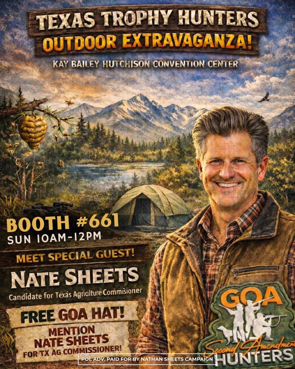 natesheetsforTX's tweet photo. Come meet me in Dallas this weekend at the outdoor extravaganza! Tomorrow from 10am-12pm booth 661. Thank you to Gun Owners of America for having us out!!
Address: Kay Bailey Hutchison Convention Center, Dallas, Texas
#TexasAgriculture #TexasHunters #texasoutdoors #TexasTrophyHunters #txlege