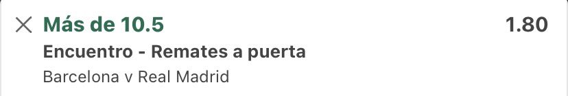 🇪🇸 Supercopa de España 
👉🏼 +10,5 remates a puerta FC Barcelona - Real Madrid 
💥 Cuota 1,80
💰 Stake 1