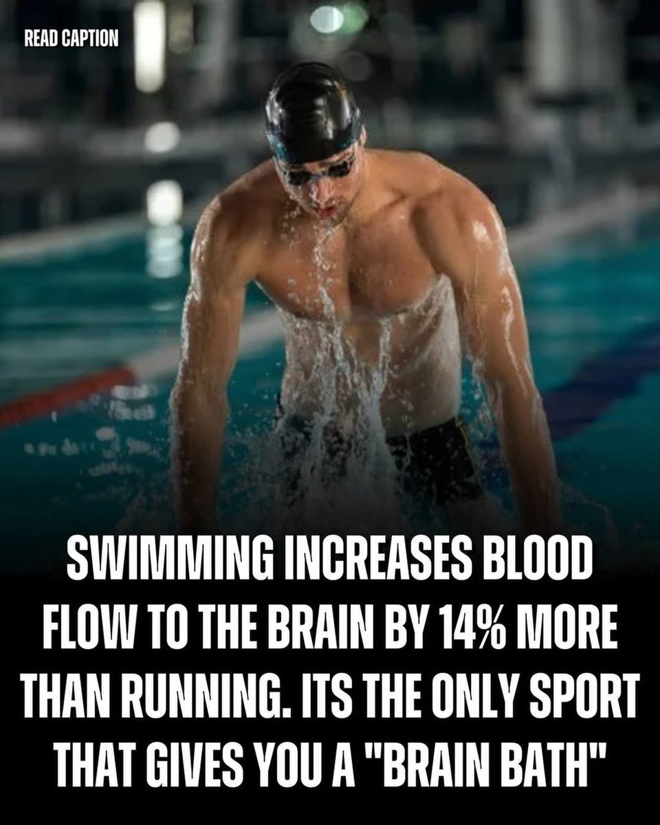 Swimming does more than train your body — it feeds your brain.

Brain imaging shows it can boost cerebral blood flow ~14% more than running, improving oxygen delivery, cognition, and neuroplasticity.

It’s not just cardio. It’s full-body neurological training.