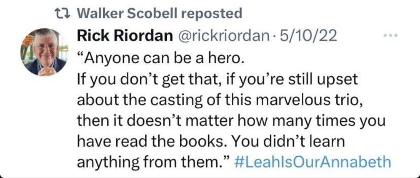 PengPengsArt's tweet image. I'm not arguing with racist losers, rick said he doesn't even recognize that lil blonde girl anymore, Leah is truly Annabeth Chase, and she'll continue to get awards, make her money, and be successful while your bitter about a kids book character.