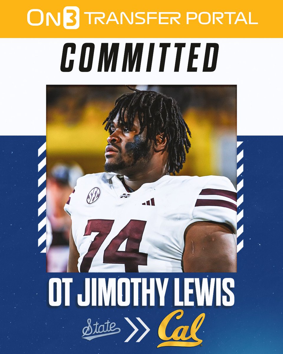TransferPortal's tweet image. BREAKING: Mississippi State transfer OT Jimothy Lewis has signed with CAL, @PeteNakos and @Hayesfawcett3 report🐻

on3.com/transfer-porta…