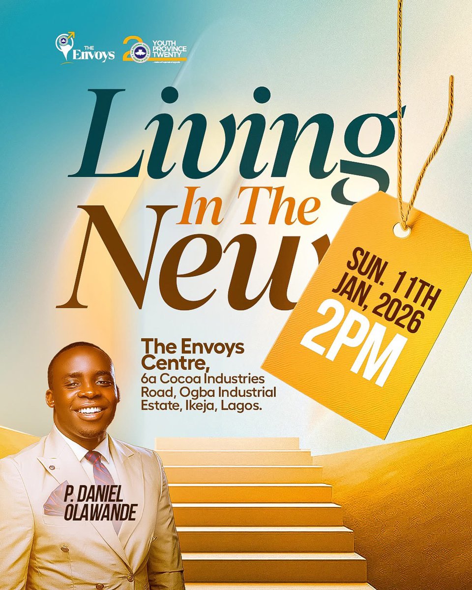 pdanielolawande's tweet photo. We are in the season of the new

Join us again this Sunday at the Envoys @rccgtheenvoys for another explosive service.

We will be teaching on the topic: Living in the New.

Don’t miss this prophetic service; invite everyone you know.

2pm
Sunday 11th, January, 2026

The Envoys Centre, 6a Cocoa Industries Road, Ogba Industrial Estate, Ikeja, Lagos.
