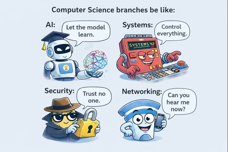 0xhonodev's tweet photo. Computer Science branches be like:🫣

AI: "Let the model learn."
Systems: "Control everything." 
Security: "Trust no one."
Networking: "Can you hear me now?" https://t.co/hKi8chRcjC