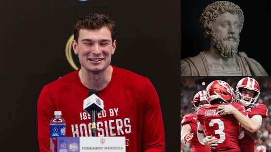 barstoolsports's tweet image. "Delayed Gratification Was Taught to Us By The Stoics" – Fernando Mendoza Casually Discussed Stoicism After Hanging 56 Points on Oregon in the Peach Bowl s.barstool.link/c/article-3560…