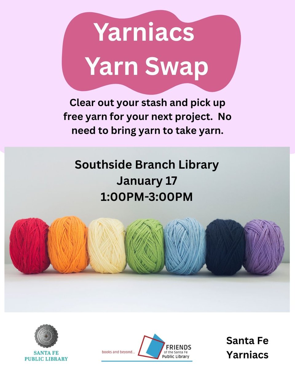 sfpl's tweet image. #Yarniacs Yarn Swap!  🧶
#SouthsideLibrary Café Room
Sat, Jan 17, 2026
1:00pm–3:00pm

Calling All #Crafters and #Yarn Lovers!

Are you looking to clear out or add to your yarn stash?  Is it time for the yarn that might never see the light of day to find a new home and new life?