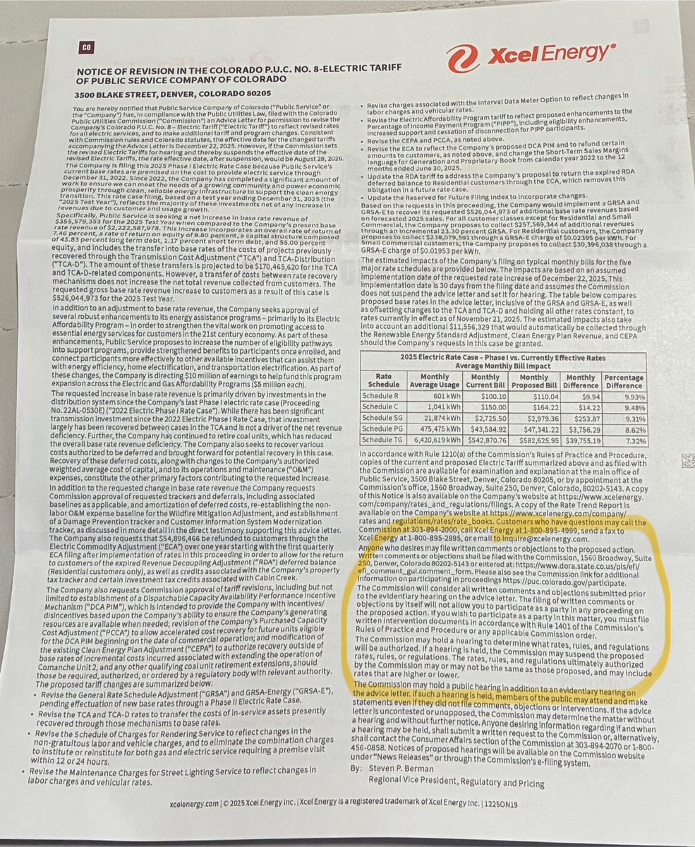 thisisamy_b's tweet image. hey Colorado 👋
be sure to take a look at the last page of your Xcel bill this month for info about their recent proposal to raise residential rates about $10/month- request is before Polis’ crony PUC - I’ve highlighted the area instructing how to object proposed changes ✌️