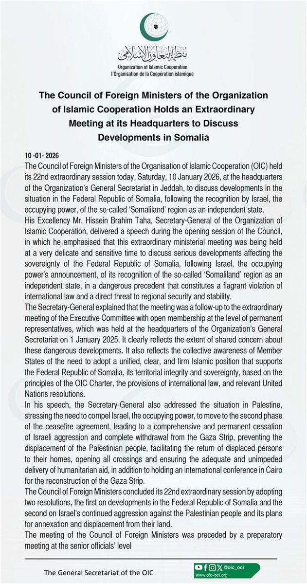 OIC_OCI's tweet photo. The Council of Foreign Ministers of the Organization of Islamic Cooperation (OIC) was held today in Jeddah to discuss developments in Somalia.

H.E. Secretary-General Hissein Brahim Taha emphasized that the recognition of the so-called "Somaliland" by #Israel, the occupying power, is a blatant violation of international law and a threat to regional security, asserting that Somalia’s unity is a red line.

#OIC #Somalia #Sovereignty