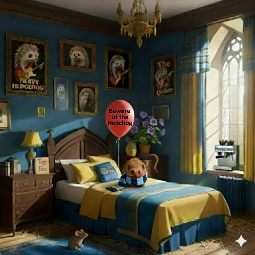 HedgehogHangout's tweet photo. Well I finally stopped snoozing under the bed &amp; crawled out 2 decorate my dorm. &amp; look who popped out when I took off my hat - gatecrasher Pipsqueak the mouse!😲 Obvs she didn't want to miss the #Mogwarts fun in #Flooflepoof. She brought me a 🎈but her spelling isn't the best🤭 https://t.co/dUK9crB8fw