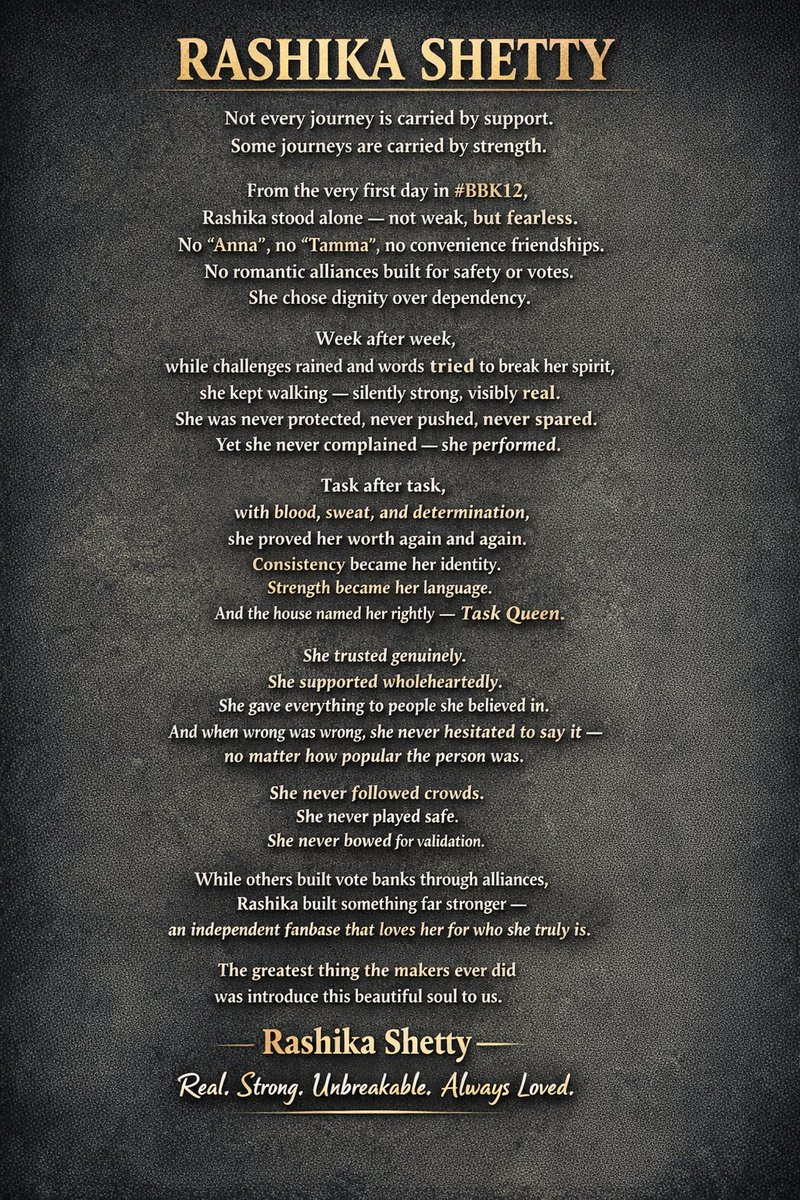 mebeingnormal's tweet image. @ColorsKannada @KicchaSudeep Drop ur scripted bias/favoritism. U shielded rule‑breakers, carried weak &amp;amp; evicted the only authentic, unbreakable fighter. Rashika: U didnt need their crown—u owned hearts. Task Queen forever 💛 Here’s how I saw her journey. Bye #RashikaShetty #BBK12