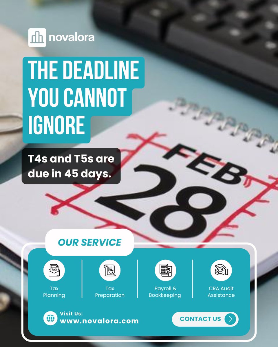 novalora_inc's tweet image. If you have employees or pay yourself via dividends, the February 28th deadline for filing T4 and T5 slips is non-negotiable. Missing this doesn't just result in late-filing penalties; it flags your business for unnecessary CRA attention. #cdntax #TaxDeadline #T4T5 #Novalora #sme