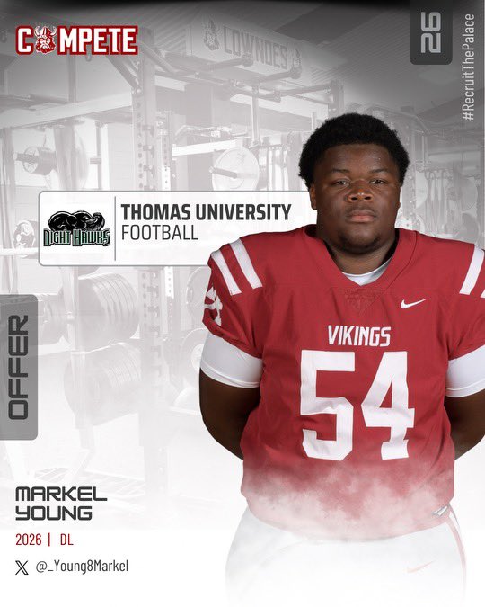 OFFER ALERT
Markel Young gets offer from Thomas University. 

#RecruitThePalace

<a href="/CarterVikingsFB/">Adam Carter</a> <a href="/CoachHolley5/">Steve Holley</a> <a href="/Young8Markel/">Markel Young</a> <a href="/CoachAllen78/">Jared Allen</a> <a href="/CoachTresey/">Patrick Tresey</a> <a href="/RecruitGeorgia/">Recruit Georgia</a> <a href="/nighthawksftbl/">TU Football</a>
