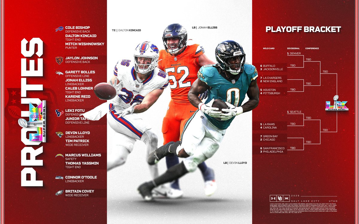 Utah_Football's tweet image. The 𝐍𝐅𝐋 𝐏𝐋𝐀𝐘𝐎𝐅𝐅𝐒 kick off this weekend‼️

Good luck to all our #ProUtes as they battle it out for a chance to win the Super Bowl 🙌

📰 utahutes.com/news/2026/1/9/…

#GoUtes | @NFL