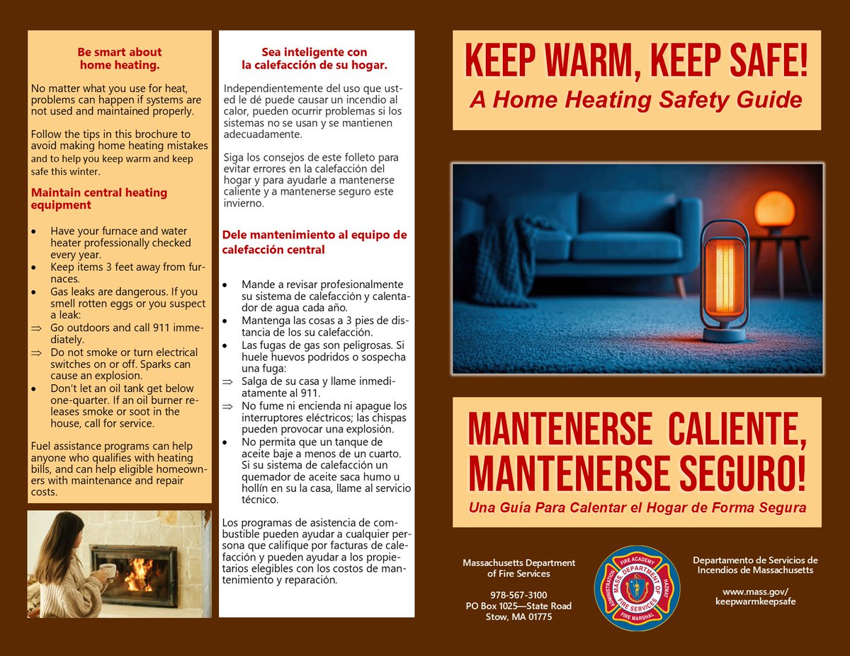 MassDFS's tweet image. Home heating equipment is the leading source of #CarbonMonoxide and the second-leading cause of residential fires. You can download, print, and share heating fire safety messaging with our updated Keep Warm Keep Safe flyer in English and 6 other languages: mass.gov/info-details/d…
