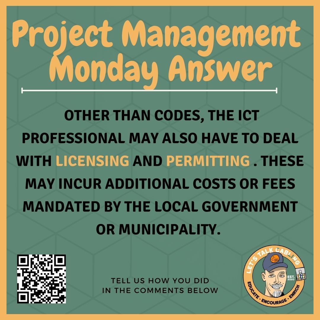 PROJECT MANAGEMENT MONDAY ANSWER: From the Telecommunications Project Management Reference Manual. Tell us how you did in the comments below!

#cbrcdd #rcdd #PM #projectmanagement #MYBICSI