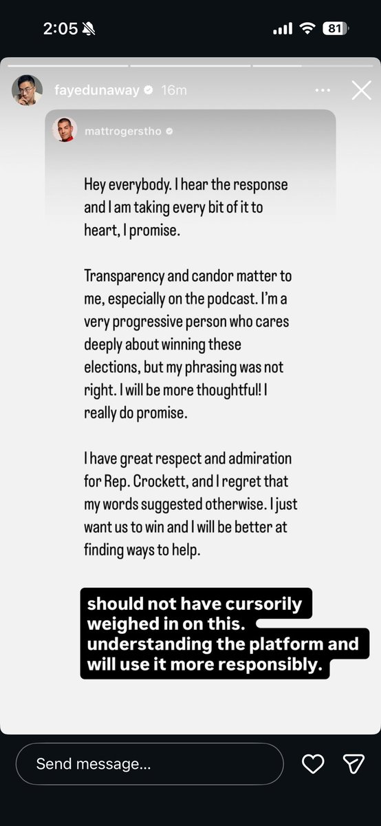 grace_panetta's tweet image. Bowen Yang appears to be walking back/apologizing for his recent comments about Jasmine Crockett on the podcast ep with Matt Rogers