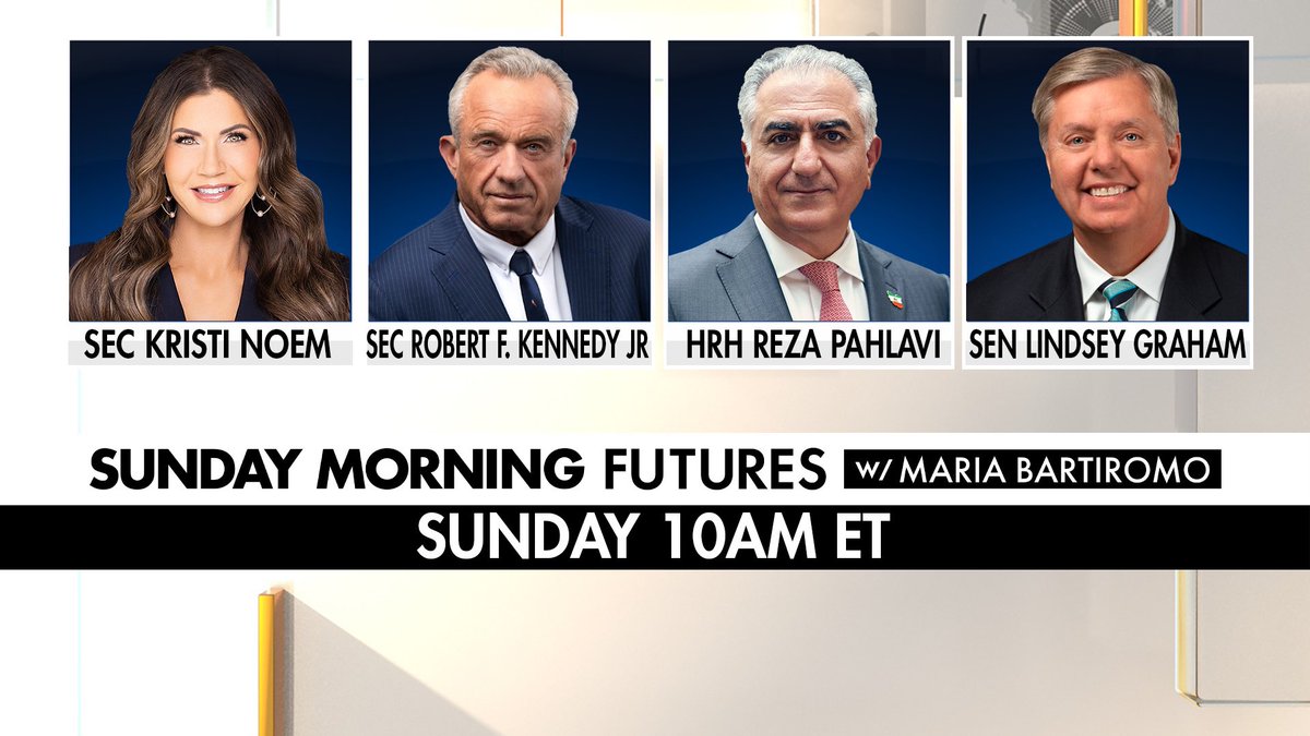 MariaBartiromo's tweet image. Tomorrow join us for a big show w #breakingNews with @DHSgov agents under attack &amp;amp; #revolution underway in #Iran @SundayFutures @FoxNews 10am et w @Sec_Noem, @KristiNoem
@RobertKennedyJr
@PahlaviReza
@LindseyGrahamSC #exclusive